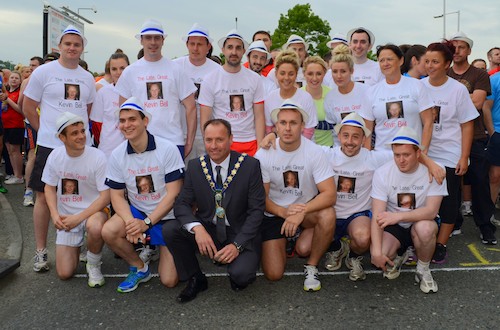 A group of Kevins friends pictured with Lord Mayor Mickey Ruane at the Greenbank start line. Photograph:Brendan Monaghan.